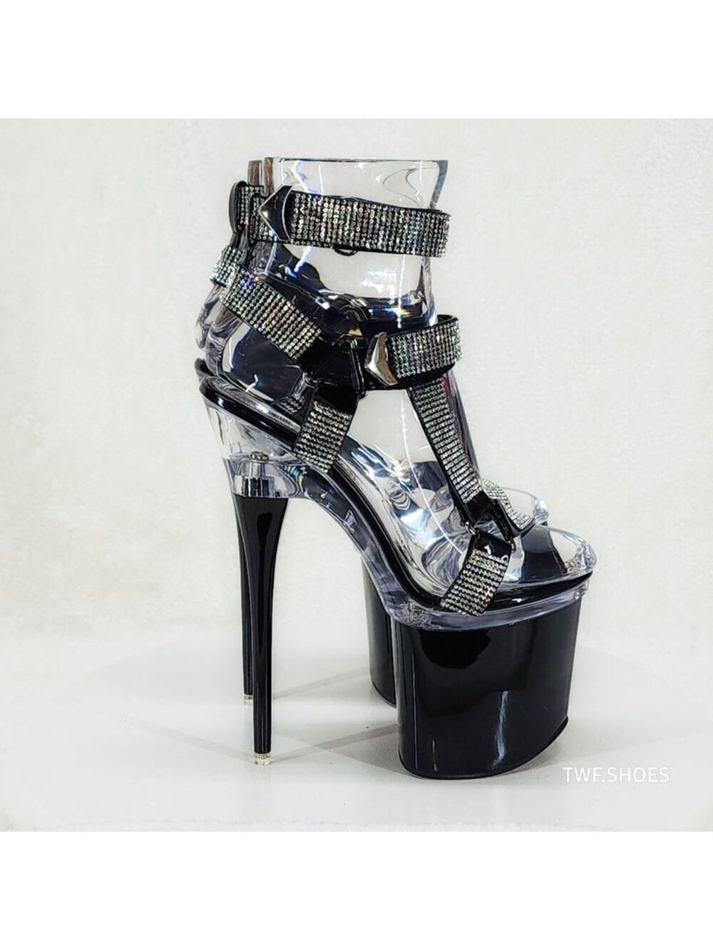 Bulls Black Slim Stiletto 8" Heel Rhinestone Harness Strap Platform Shoes
